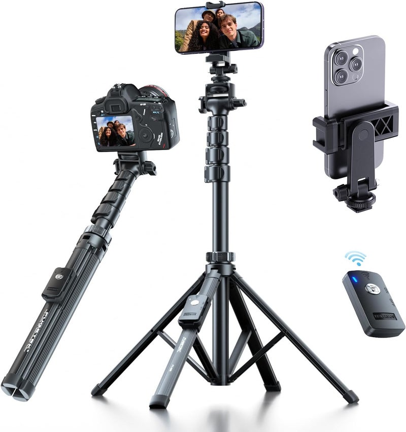 FugeTek 62" Professional Cell Phone Tripod, Ultra Stable 4 Leg Design, Bluetooth Remote, 100% All Aluminum Stick & Legs, Portable All in One, 360° Phone Mount with 2 Cold Shoe Slots, Non Skid Feet - Image 1
